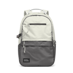 Cream and charcoal gray two-tone backpack with gray accent straps and piping trim along the edges where the colors meet.