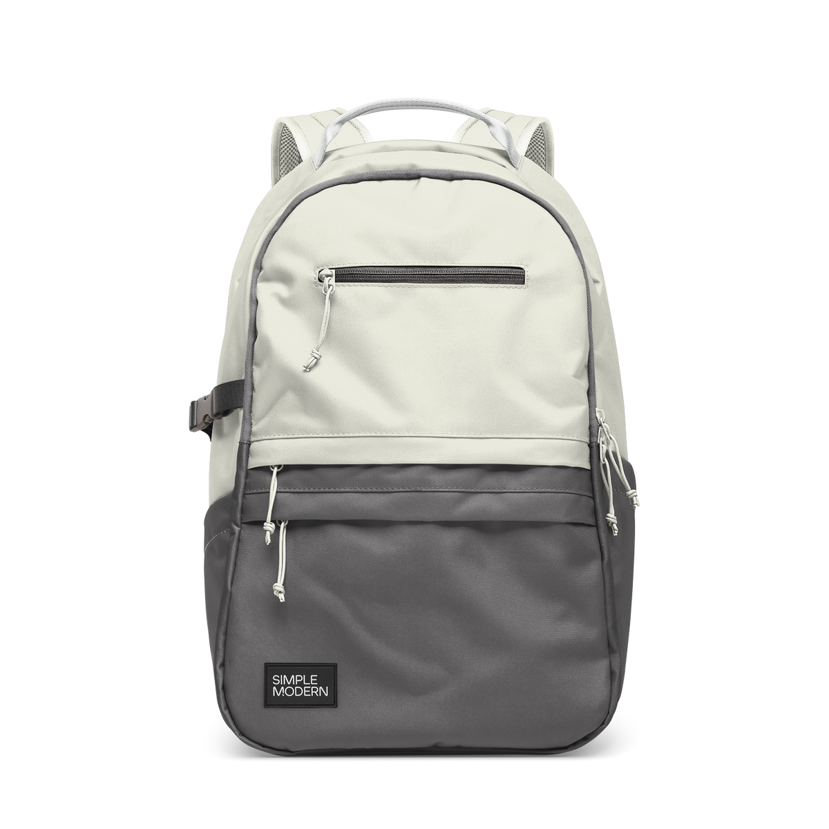 Cream and charcoal gray two-tone backpack with gray accent straps and piping trim along the edges where the colors meet.