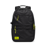 Black backpack with bright yellow-lime accents on zipper pulls, drawstring handles, and branded label patch