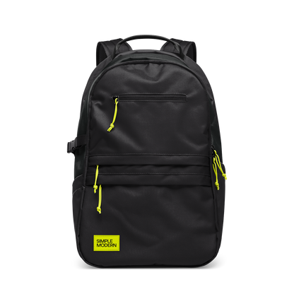 Black backpack with bright yellow-lime accents on zipper pulls, drawstring handles, and branded label patch