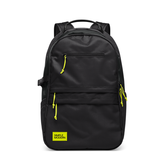 Black backpack with bright yellow-lime accents on zipper pulls, drawstring handles, and branded label patch