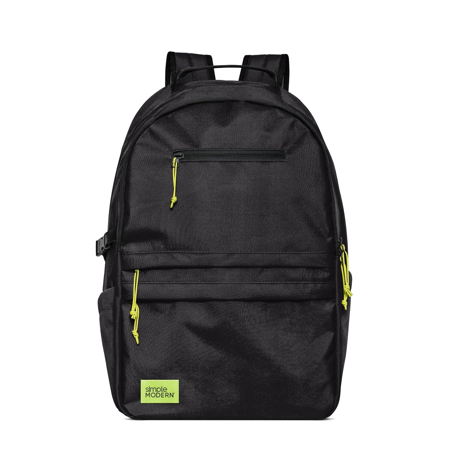 Black charcoal backpack with neon yellow-green zipper pulls and cord details on the sides