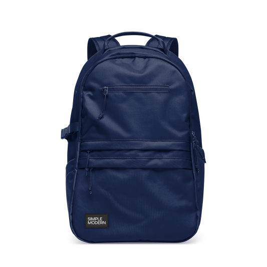 Navy blue backpack on white background