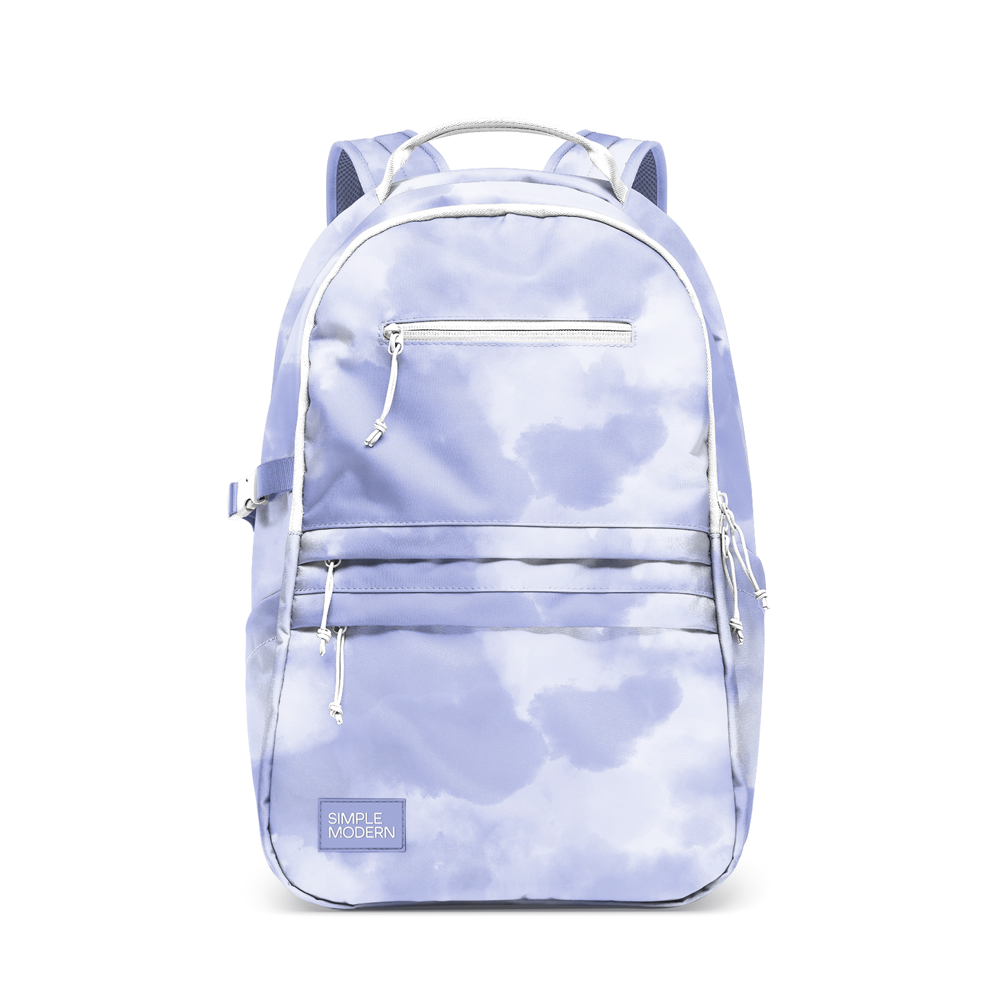 Periwinkle blue and pale lavender cloud pattern backpack on white-to-cream base with soft pastel colors
