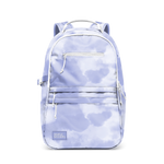 Periwinkle blue and pale lavender cloud pattern backpack on white-to-cream base with soft pastel colors