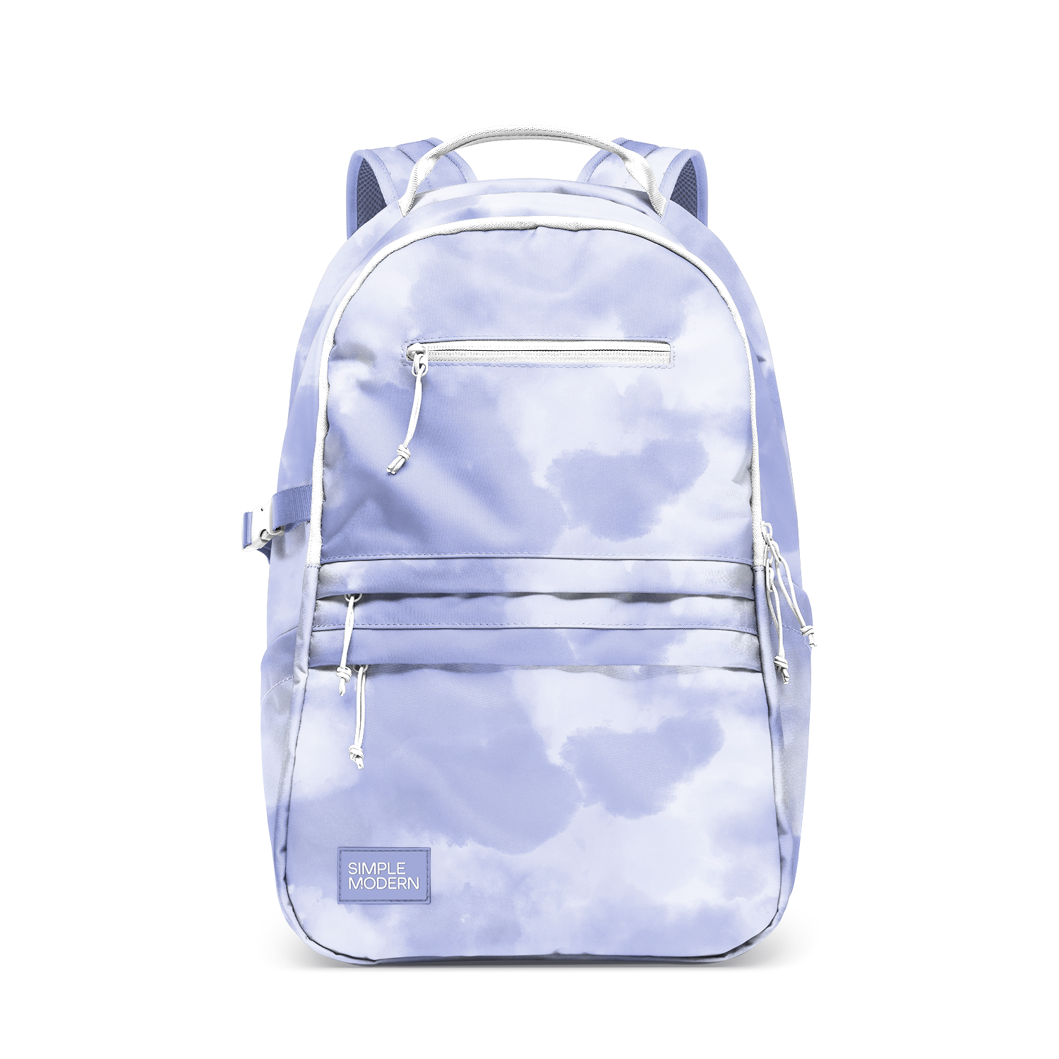 Periwinkle blue and pale lavender cloud pattern backpack on white-to-cream base with soft pastel colors