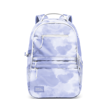 Periwinkle blue and pale lavender cloud pattern backpack on white-to-cream base with soft pastel colors