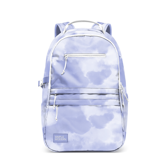 Periwinkle blue and pale lavender cloud pattern backpack on white-to-cream base with soft pastel colors