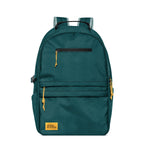 Teal green backpack with black straps and gold-toned zippers and hardware details