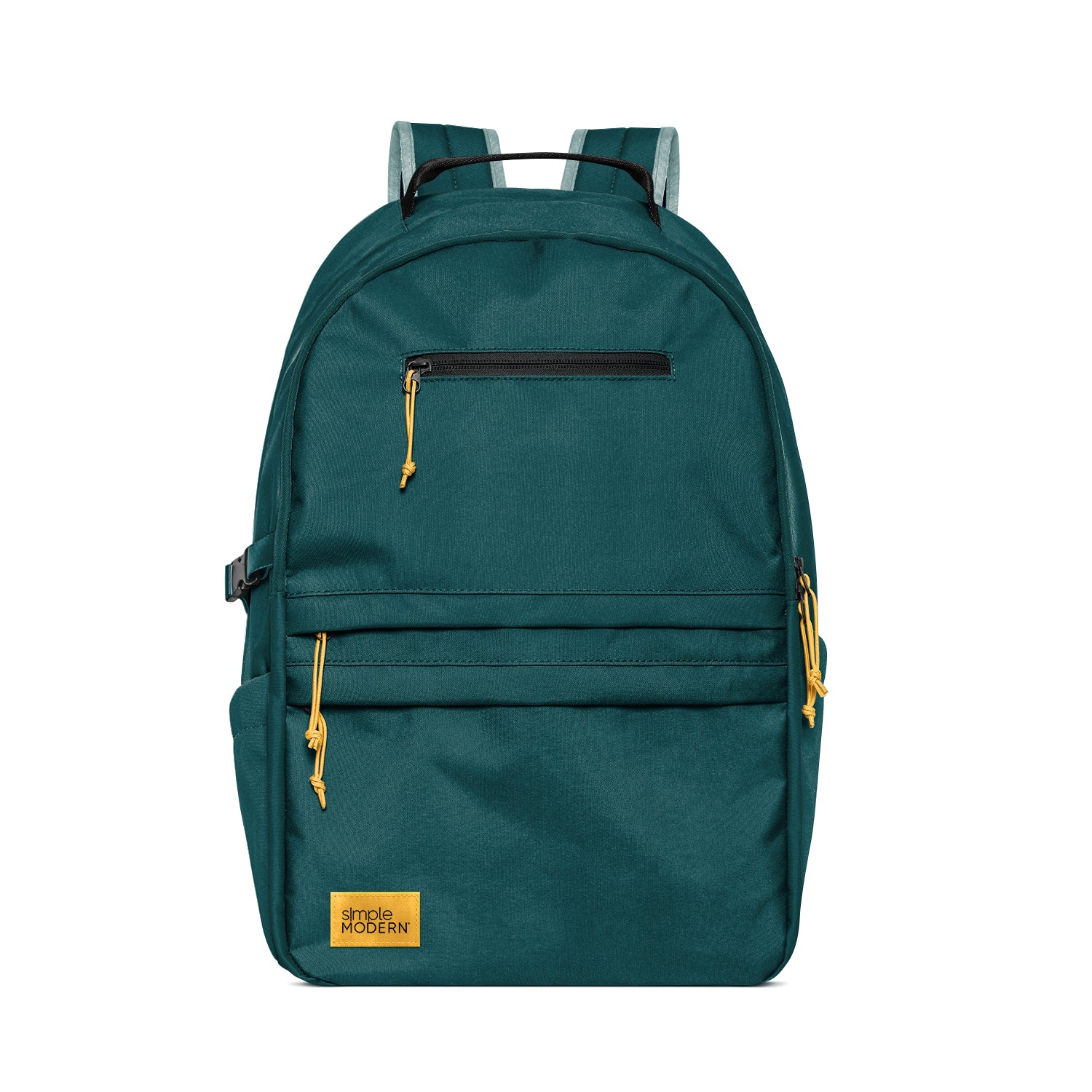 Teal green backpack with black straps and gold-toned zippers and hardware details