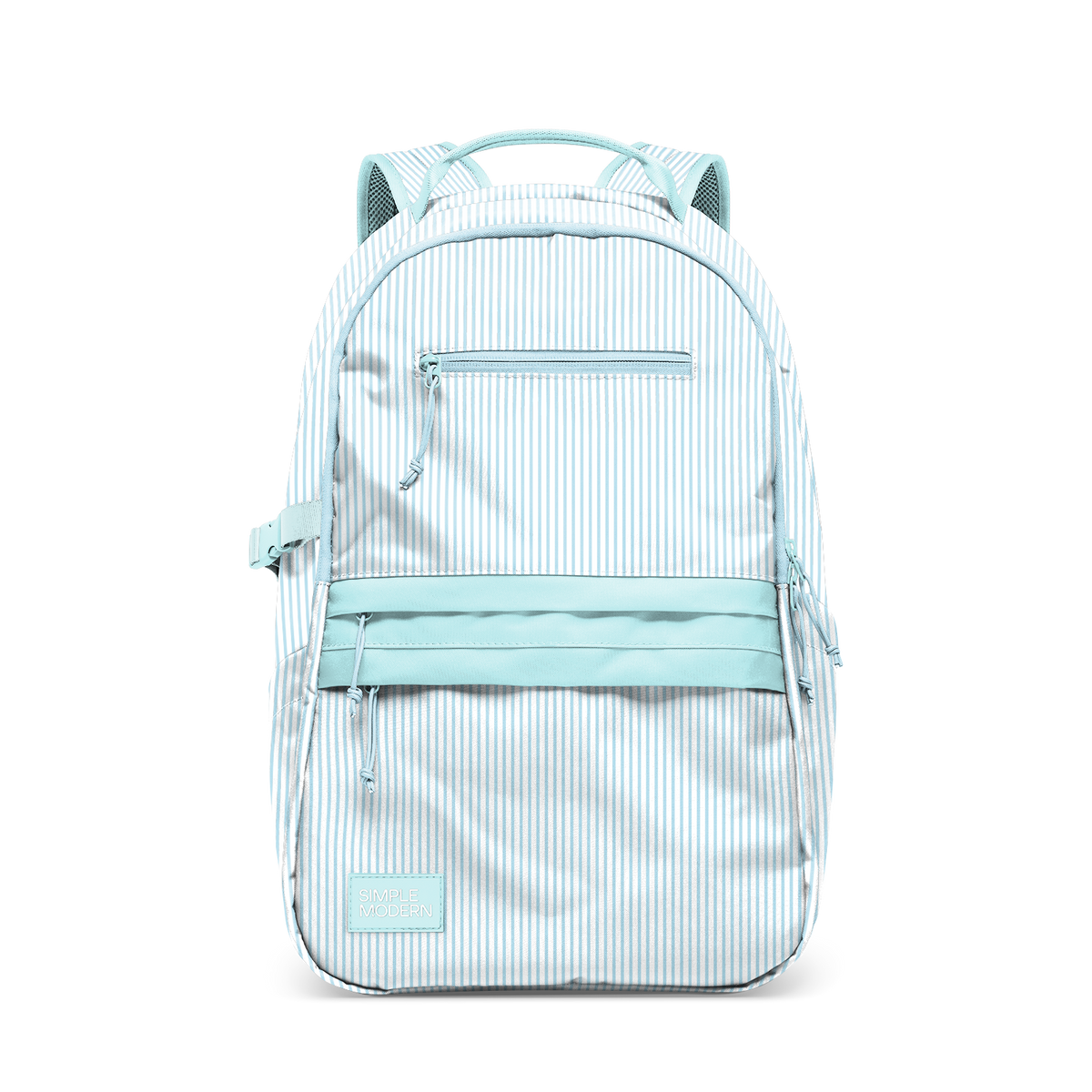 Light blue and white striped backpack with vertical pattern and solid light blue accents, size medium