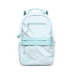 Light blue and white striped backpack with vertical pattern and solid light blue accents, size medium