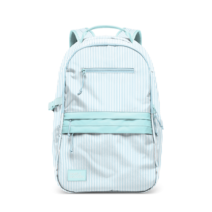 Light blue and white striped backpack with vertical pattern and solid light blue accents, size medium