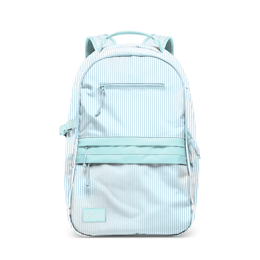 Light blue and white striped backpack with vertical pattern and solid light blue accents, size medium