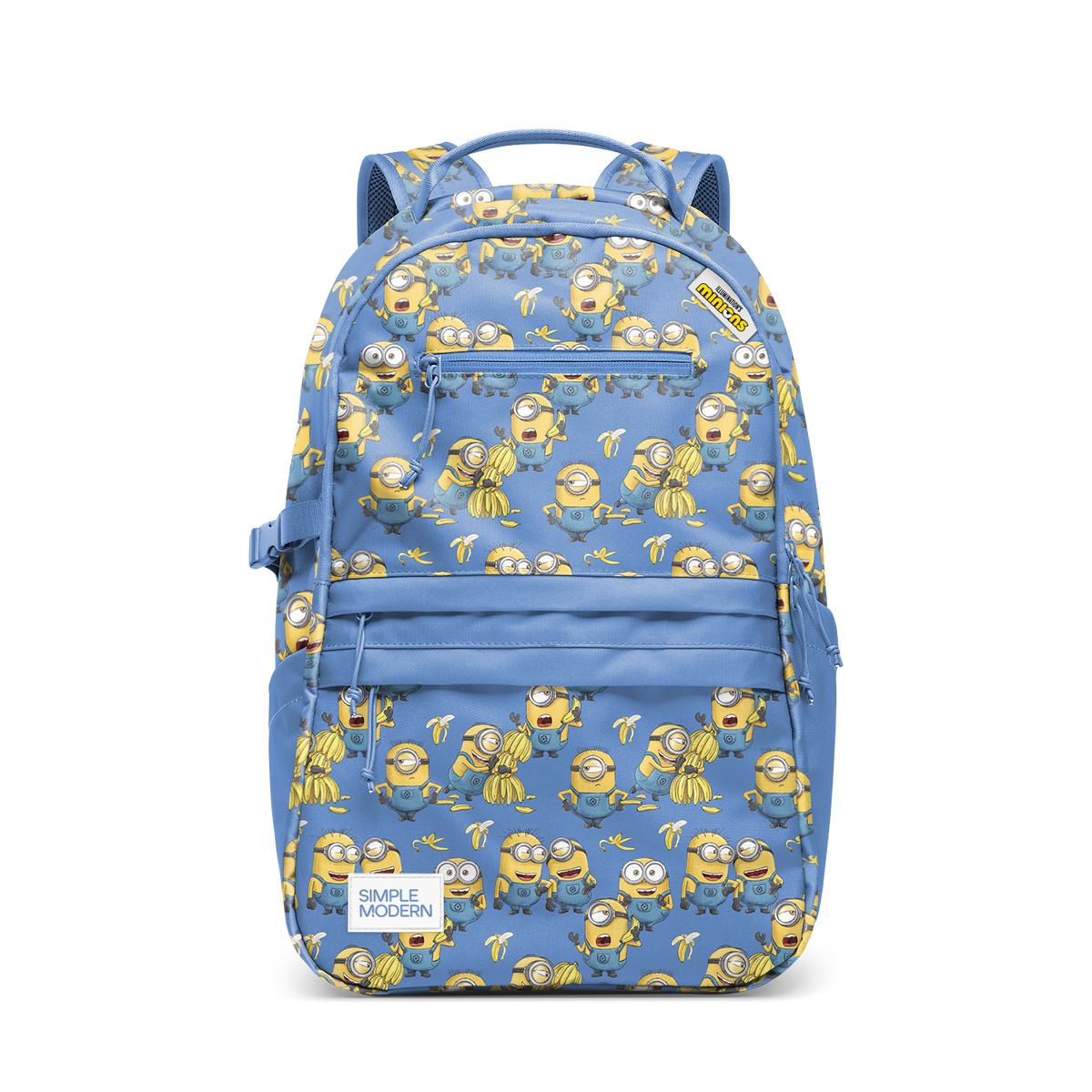 Periwinkle blue backpack with bright golden yellow and mustard yellow patterned accents