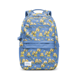 Periwinkle blue backpack with bright golden yellow and mustard yellow patterned accents