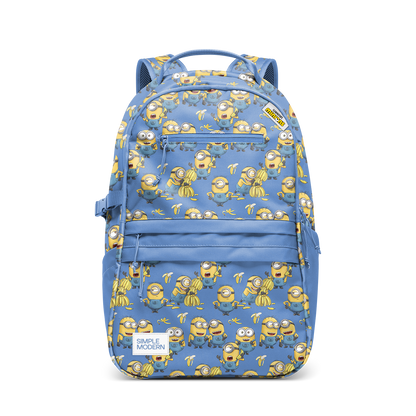 Periwinkle blue backpack with bright golden yellow and mustard yellow patterned accents