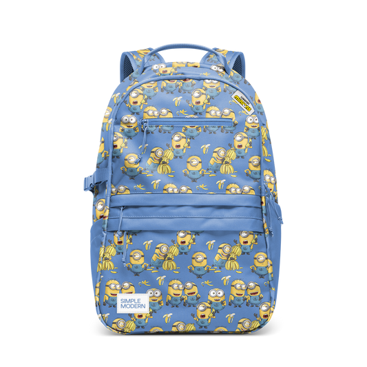 Periwinkle blue backpack with bright golden yellow and mustard yellow patterned accents
