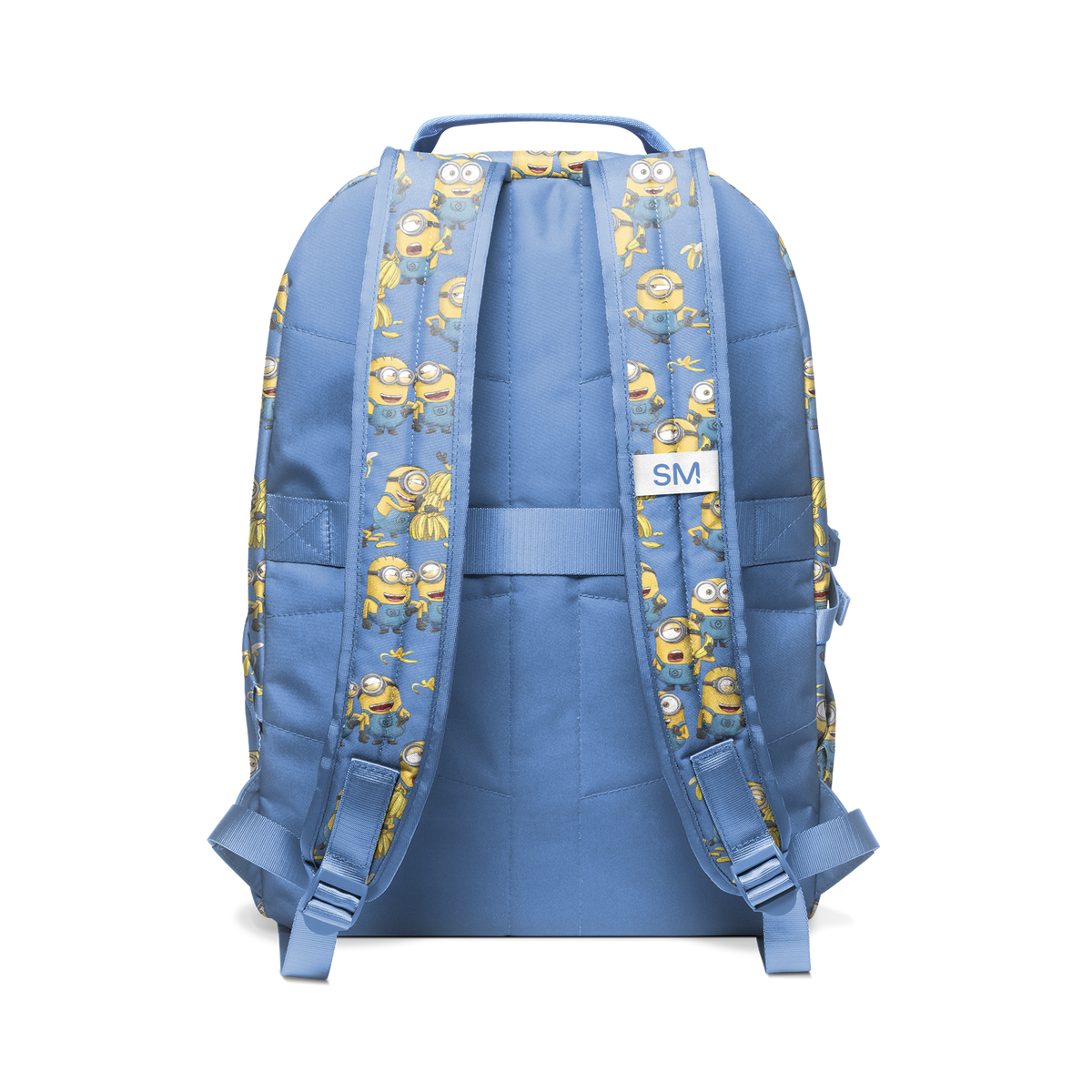 Periwinkle blue backpack with yellow and gold printed fabric straps and side panels