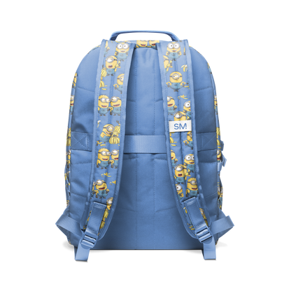 Periwinkle blue backpack with yellow and gold printed fabric straps and side panels