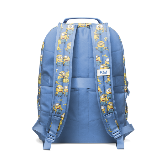 Periwinkle blue backpack with yellow and gold printed fabric straps and side panels