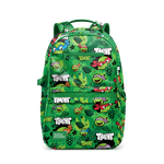 Colorful backpack with bright kelly and forest green base, accented with yellow, blue, red, orange, purple, and white stripes and details throughout