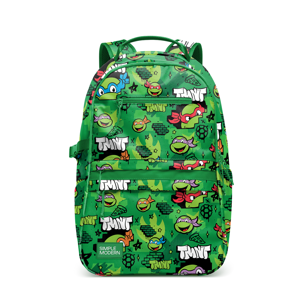 Colorful backpack with bright kelly and forest green base, accented with yellow, blue, red, orange, purple, and white stripes and details throughout