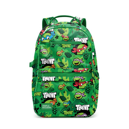 Colorful backpack with bright kelly and forest green base, accented with yellow, blue, red, orange, purple, and white stripes and details throughout