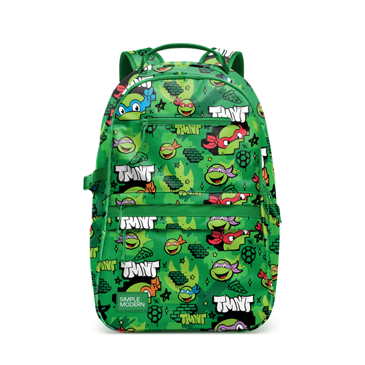 Colorful backpack with bright kelly and forest green base, accented with yellow, blue, red, orange, purple, and white stripes and details throughout