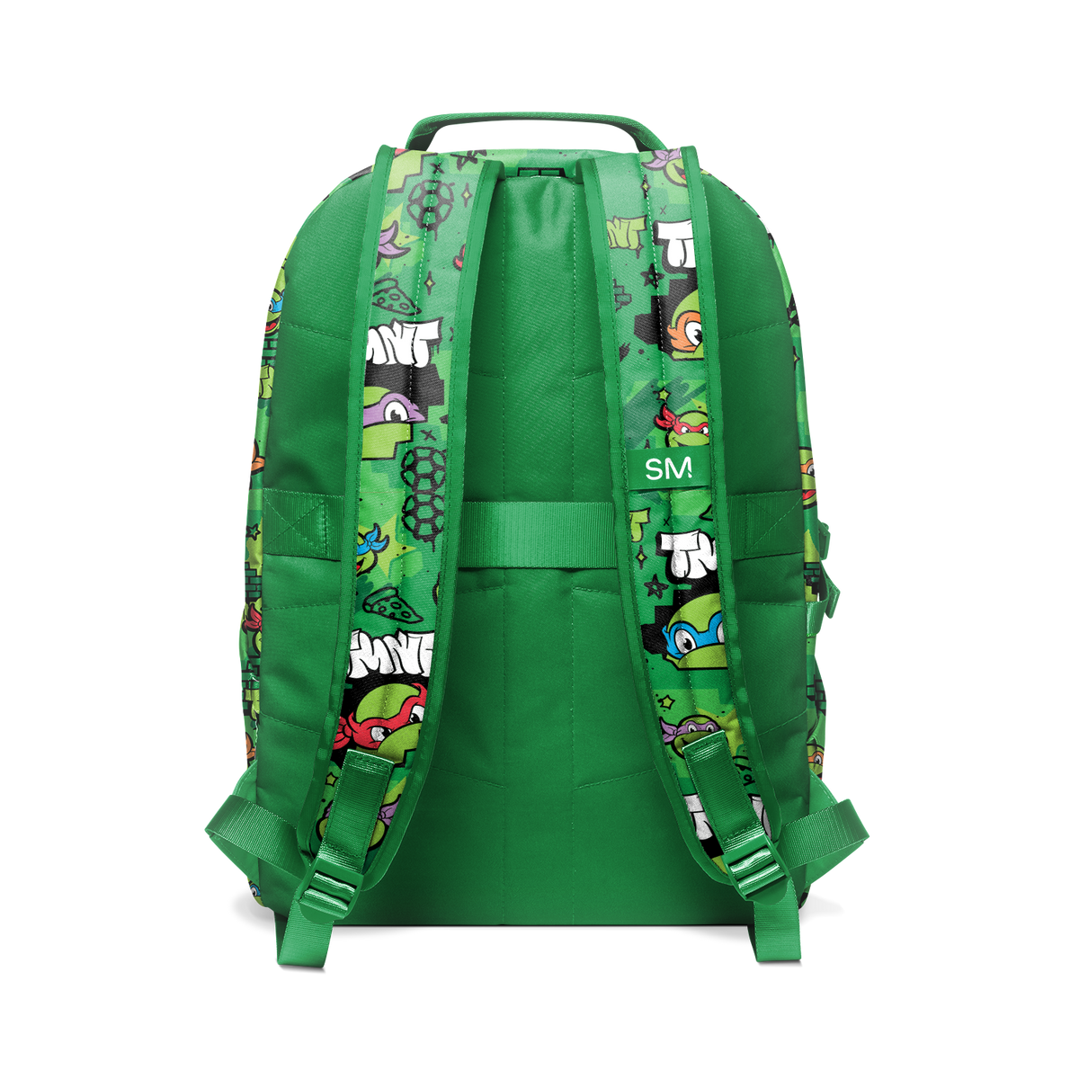 Bright kelly green backpack with colorful allover print on front and side panels, featuring shoulder straps and back panel in matching green.