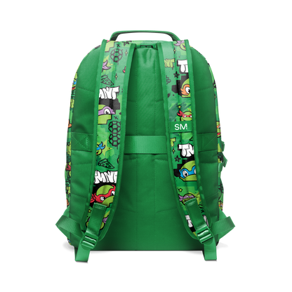 Bright kelly green backpack with colorful allover print on front and side panels, featuring shoulder straps and back panel in matching green.