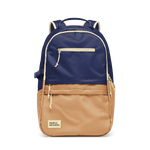 Two-tone backpack with deep navy blue upper portion, warm tan brown lower half, and cream trim accents.