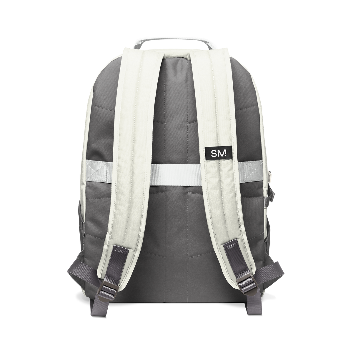 Cream and dark color-block backpack rear view showing padded shoulder straps and upper back panel