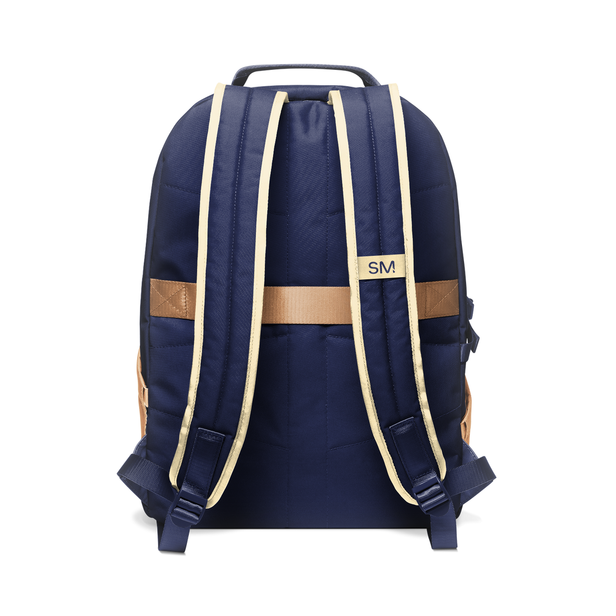 Deep navy blue backpack with tan and cream shoulder straps, handle, and decorative bands