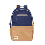 Two-tone navy blue and tan backpack with cream trim and hardware