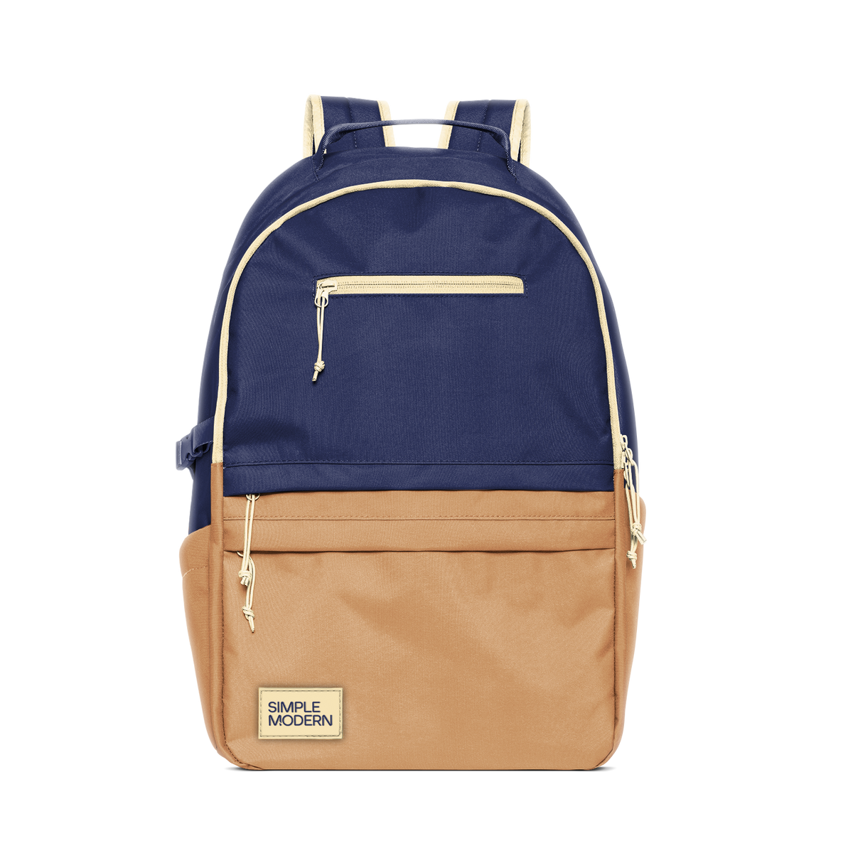 Two-tone navy blue and tan backpack with cream trim and hardware