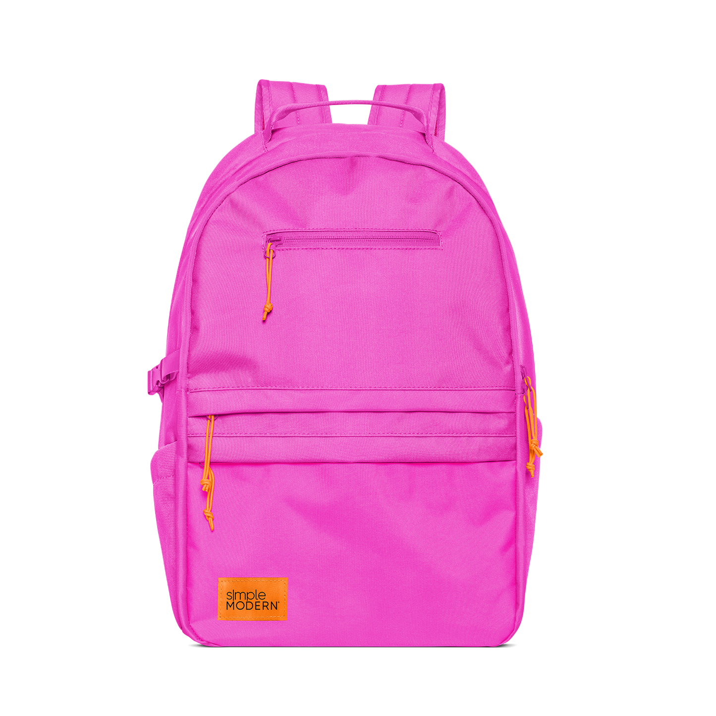 Hot pink backpack with yellow and orange zipper accents