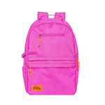 Hot pink backpack with yellow and orange zipper accents