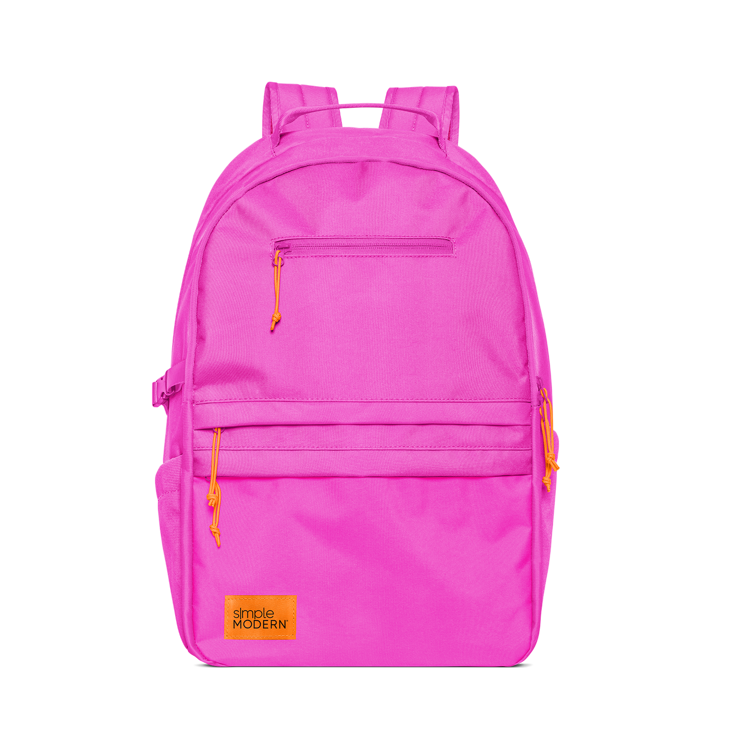Hot pink backpack with yellow and orange zipper accents