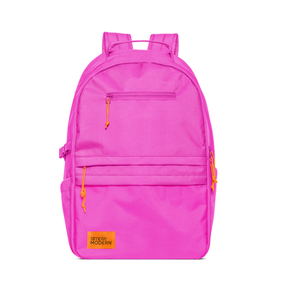 Hot pink backpack with yellow and orange zipper accents