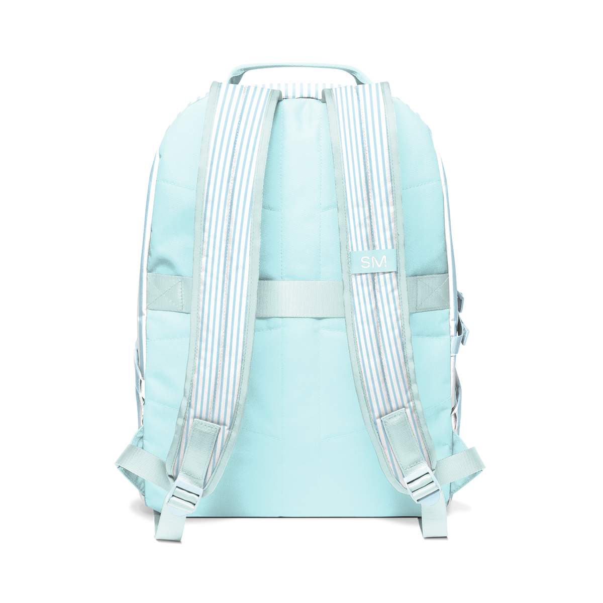 Pale aqua seafoam blue backpack with white shoulder straps featuring subtle blue pinstripes