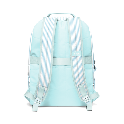 Pale aqua seafoam blue backpack with white shoulder straps featuring subtle blue pinstripes