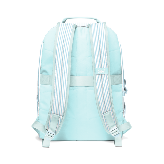 Pale aqua seafoam blue backpack with white shoulder straps featuring subtle blue pinstripes