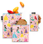 Three pouches with soft pink backgrounds and vibrant teal, yellow, purple, red, orange, and green accents displayed side by side.