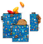 Collection of colorful Pixar-themed lunch bags on royal blue background, featuring bright red, yellow, and accent colors in modern pixelated style design.