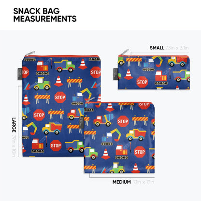 Three snack bags displaying size measurements with blue, red, and white color scheme. Reference image shows dimensional guides for product sizing.