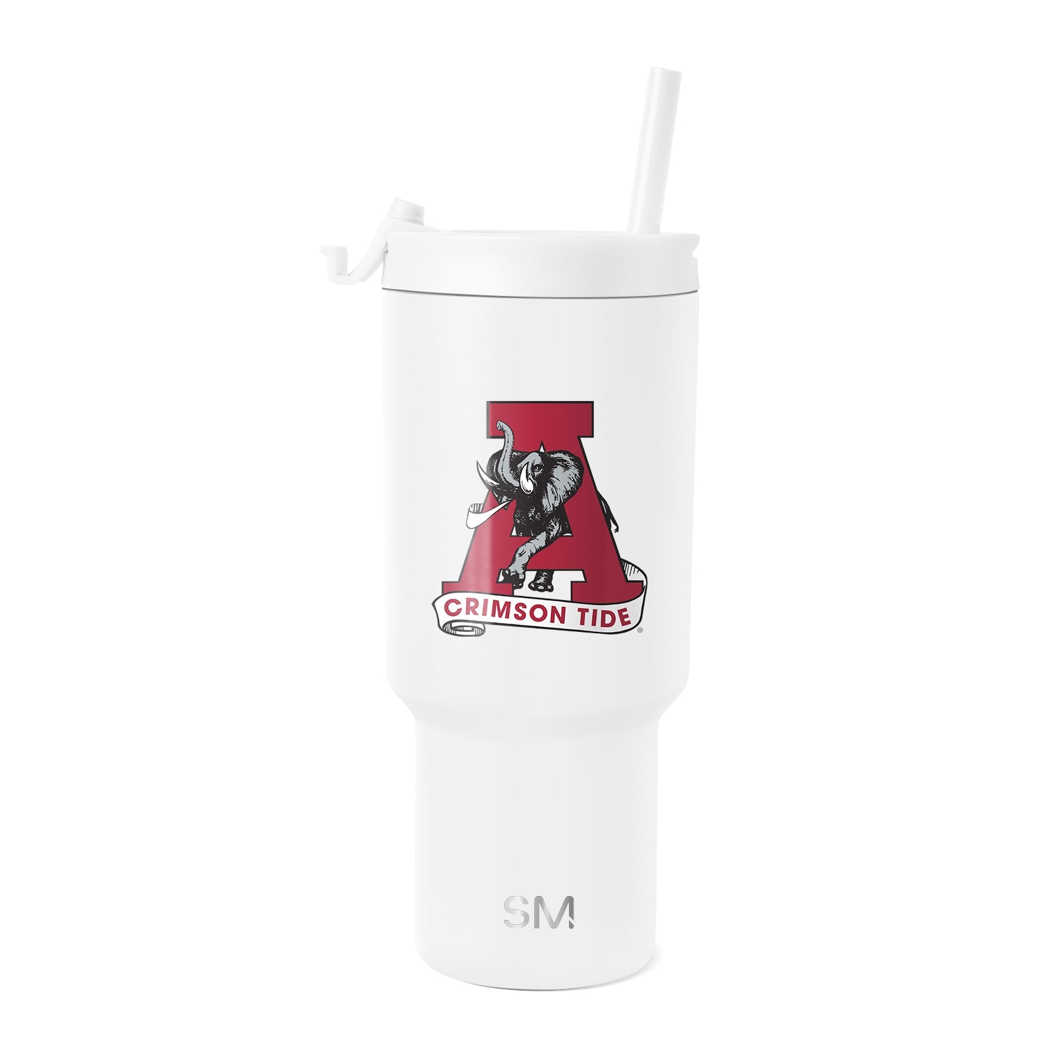 White insulated tumbler with Alabama Crimson Tide crimson red elephant logo featuring black line work and gray accents