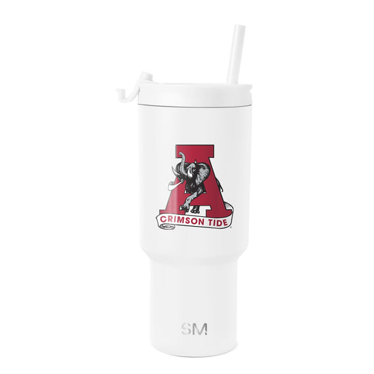 White insulated tumbler with Alabama Crimson Tide crimson red elephant logo featuring black line work and gray accents