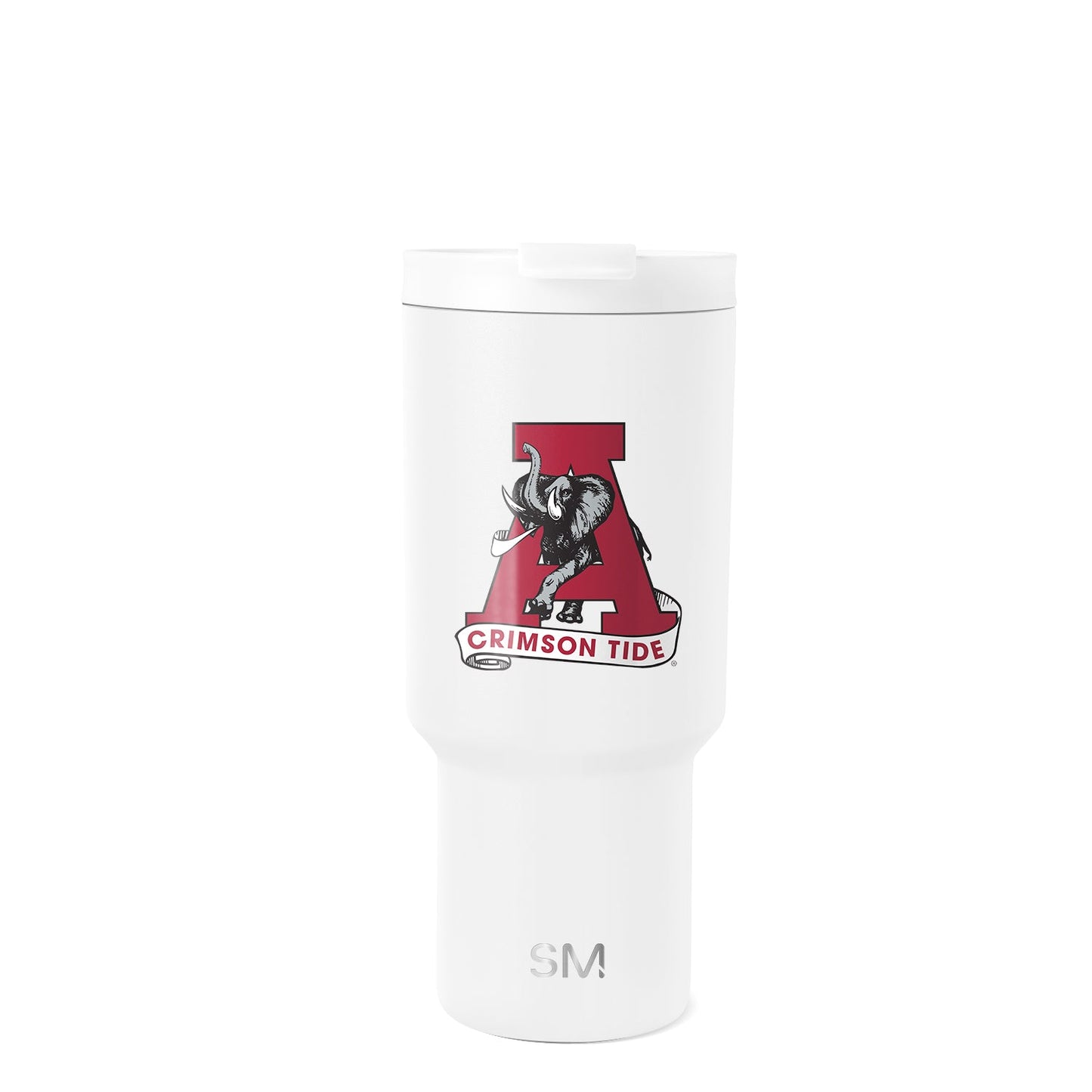 White insulated tumbler with white lid and cylindrical body featuring tapered base, shown centered on light gray background.