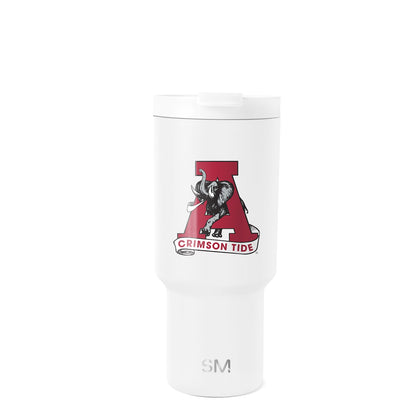 White insulated tumbler with white lid and cylindrical body featuring tapered base, shown centered on light gray background.